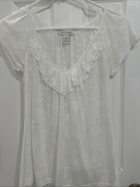 White House Black Market White Ruffle Scoop Neck Sheer Blouse